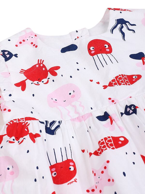 Girls White & Red Short Sleeve Printed Dress image number 2